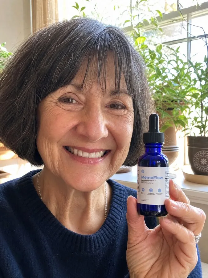 Carol B. smiling and holding her CogniClear bottle