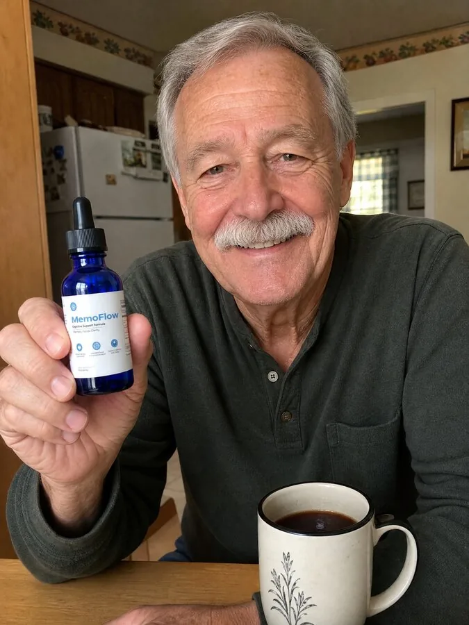 Frank D. holding his CogniClear bottle with morning coffee