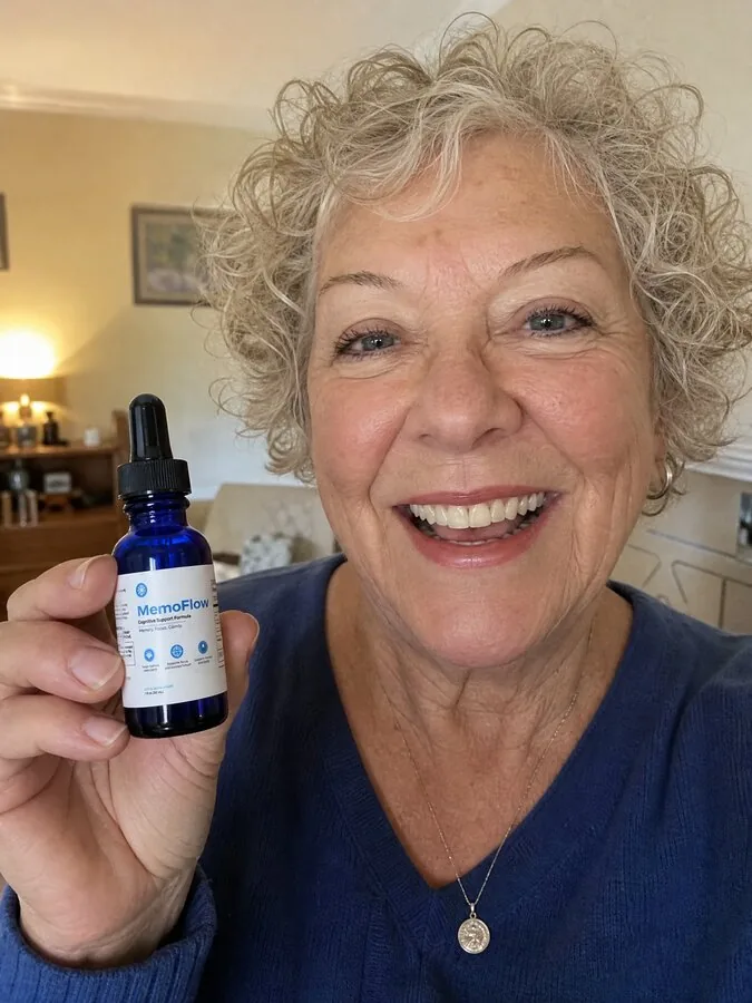 Ruth S. holding her CogniClear bottle at home