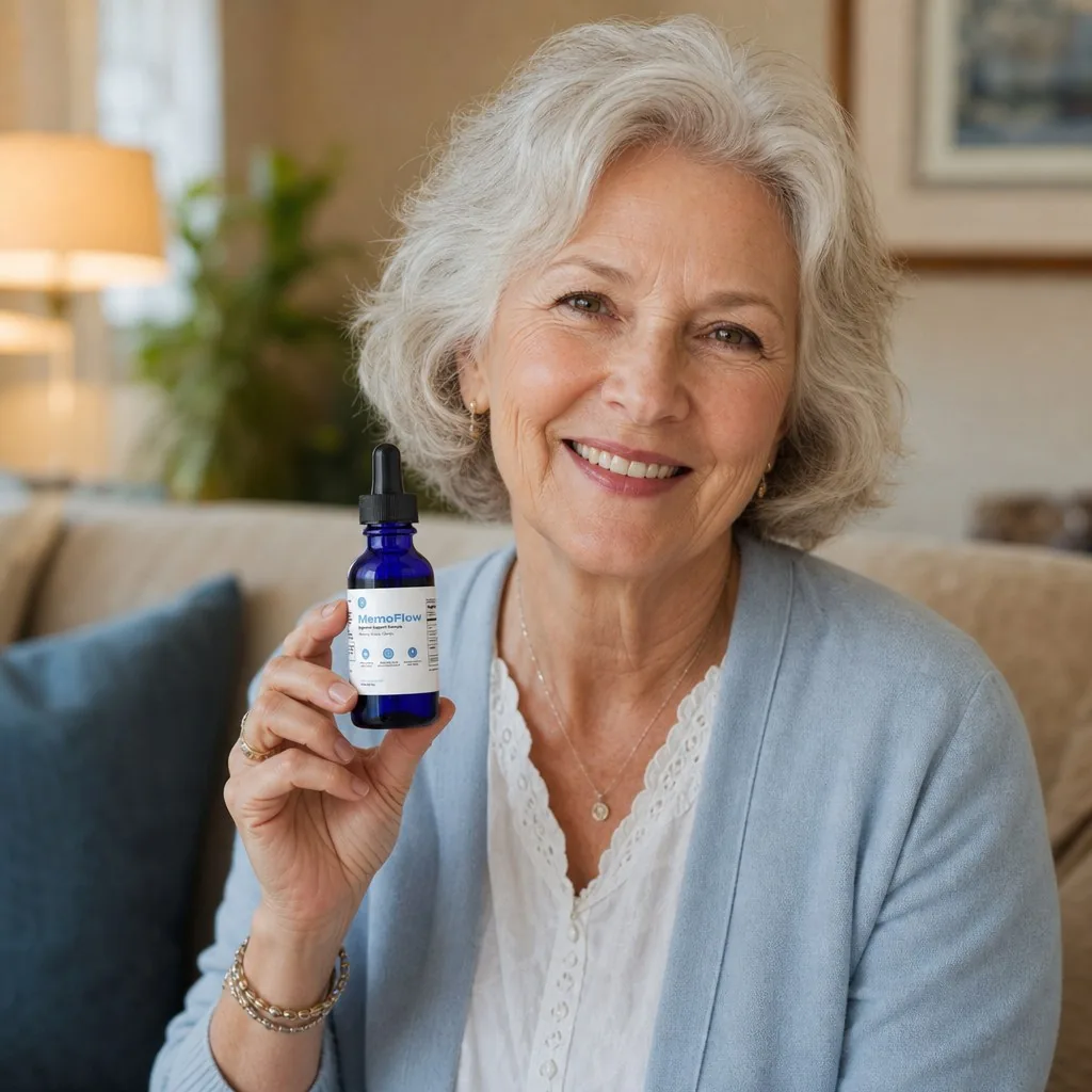 Happy customer holding her CogniClear bottle at home